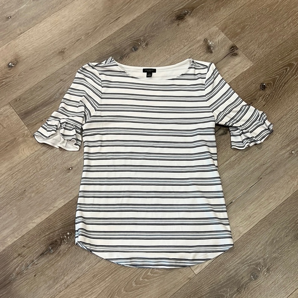 White with black and blue strips